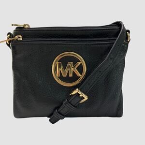 Michael Kors Jet Set Travel Crossbody Black Pebbled Leather Gold MK Logo